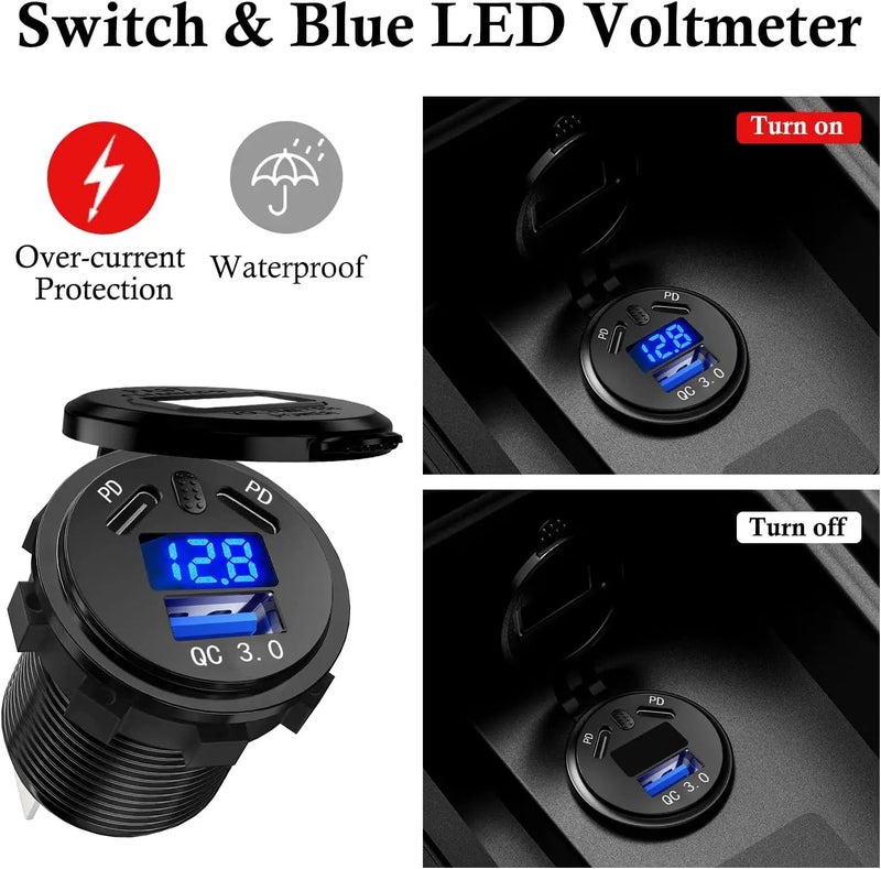 Bluejw 90W 3-Port Car Charger: Dual 45W USB-C PD & 18W QC 3.0, 12V/24V Automobile Charger Socket with Voltmeter & On/Off Switch - Image 4